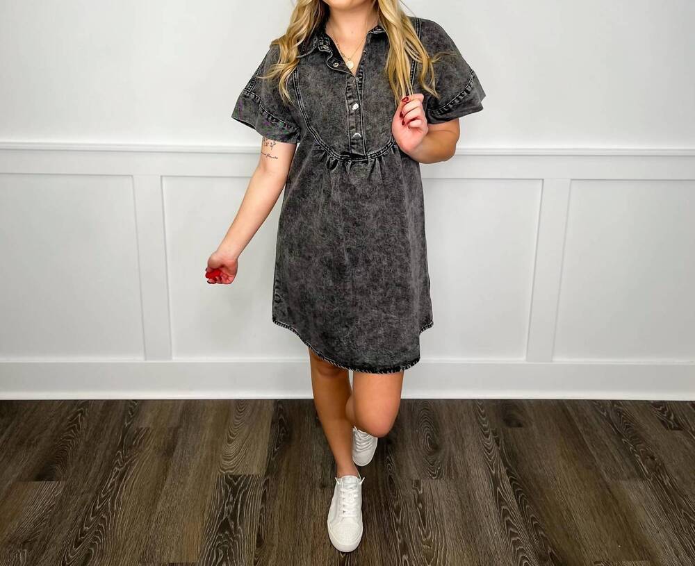 NEW BLAKELEY last dance denim short sleeve mini dress in black